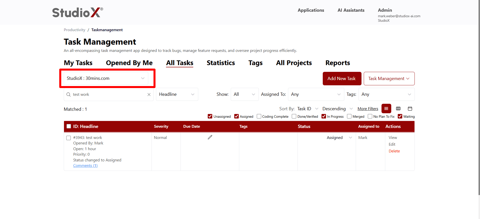 Project selector dropdown screenshot