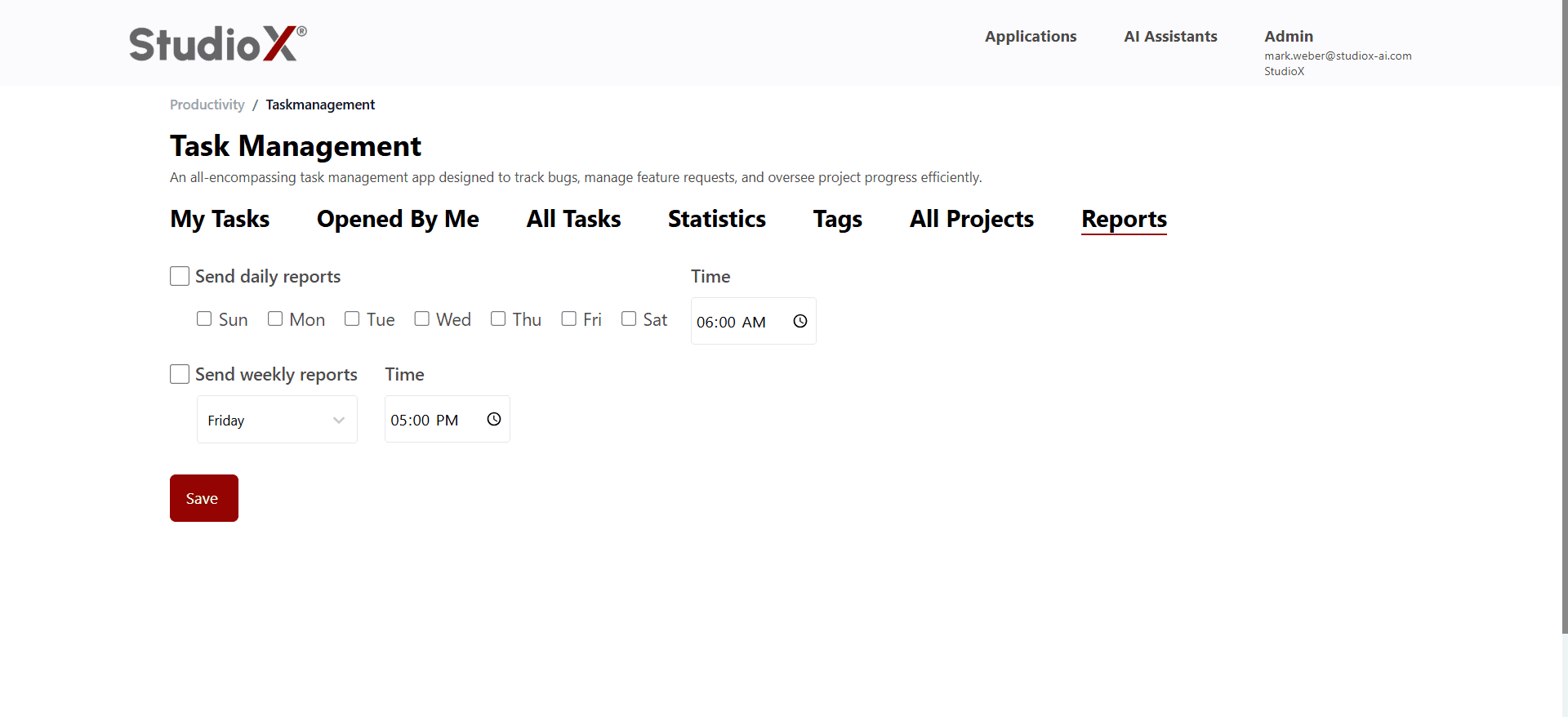 Reports configuration screenshot