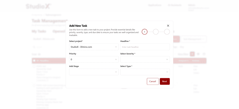 Task creation form step 1 screenshot