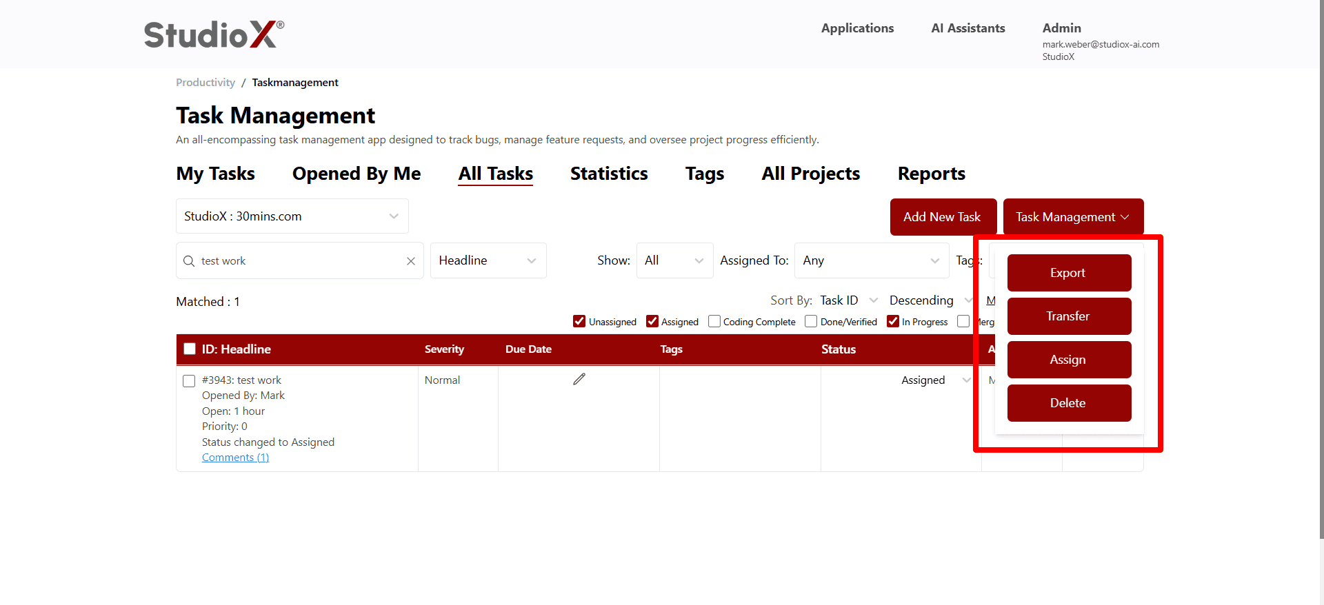 Task management actions dropdown screenshot