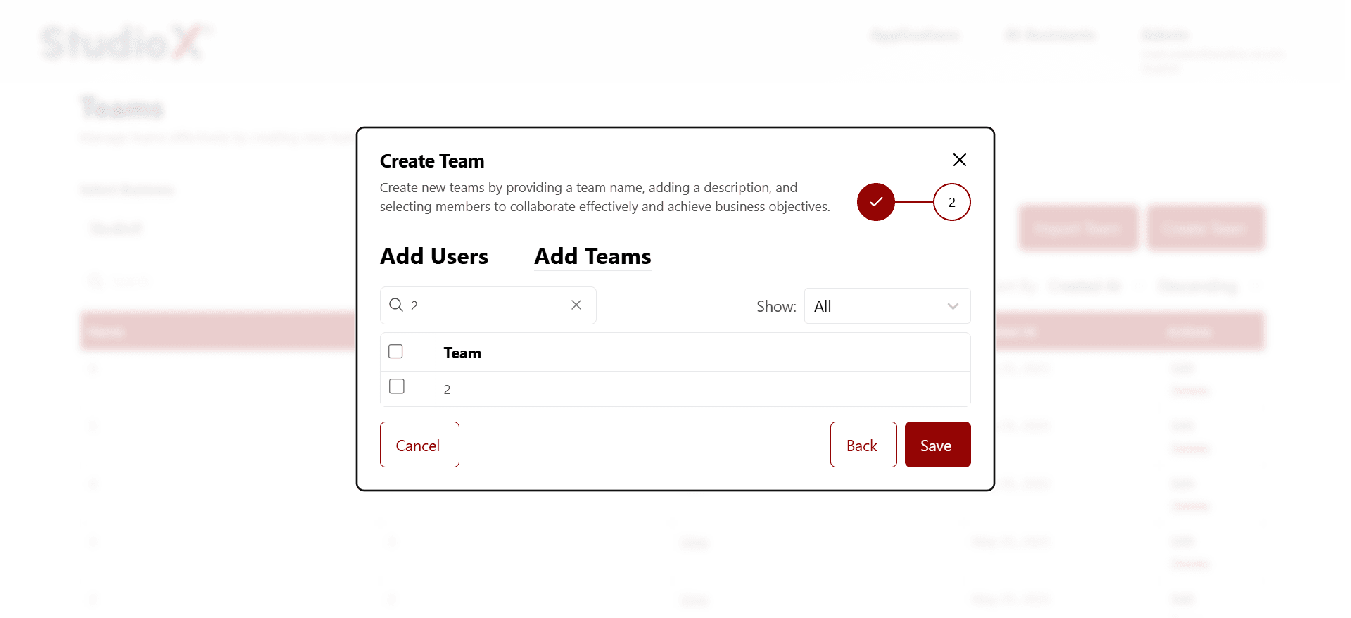 Add teams to team interface