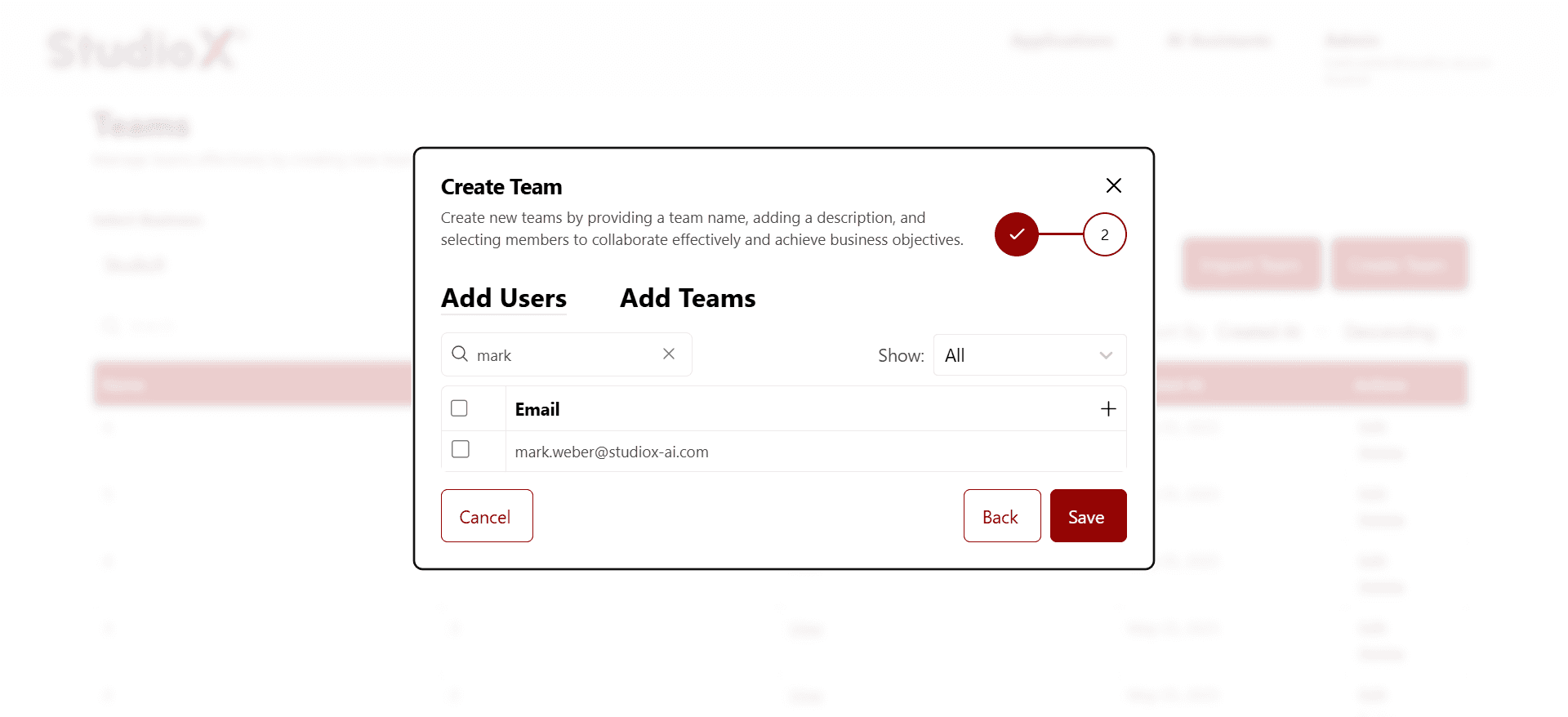 Add users to team interface