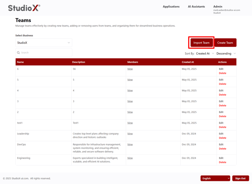 Import teams interface