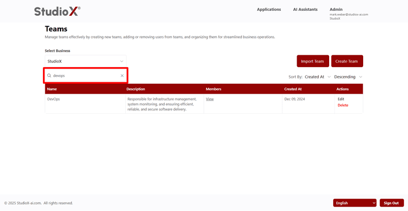 Search functionality for teams
