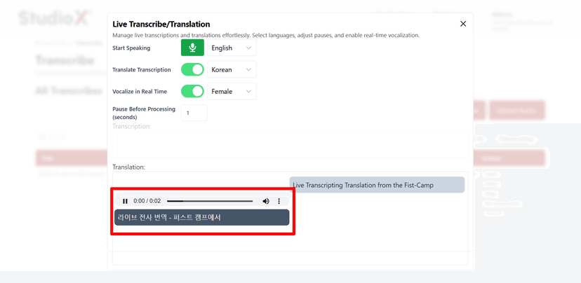 Live Transcription with Audio Playback