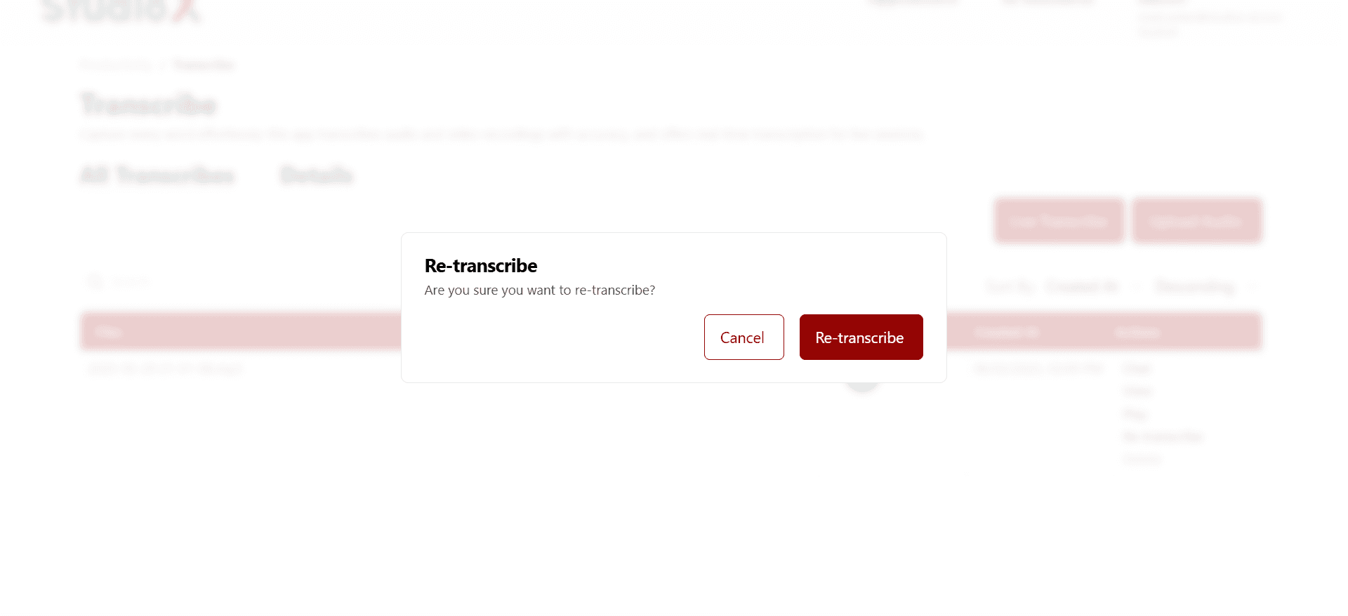 Re-transcribe Confirmation Dialog
