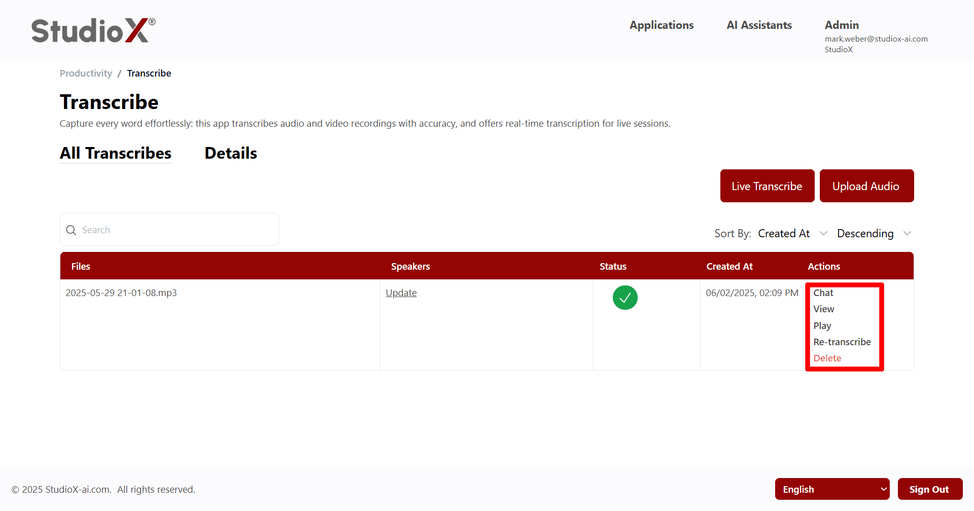 Transcription Actions Menu