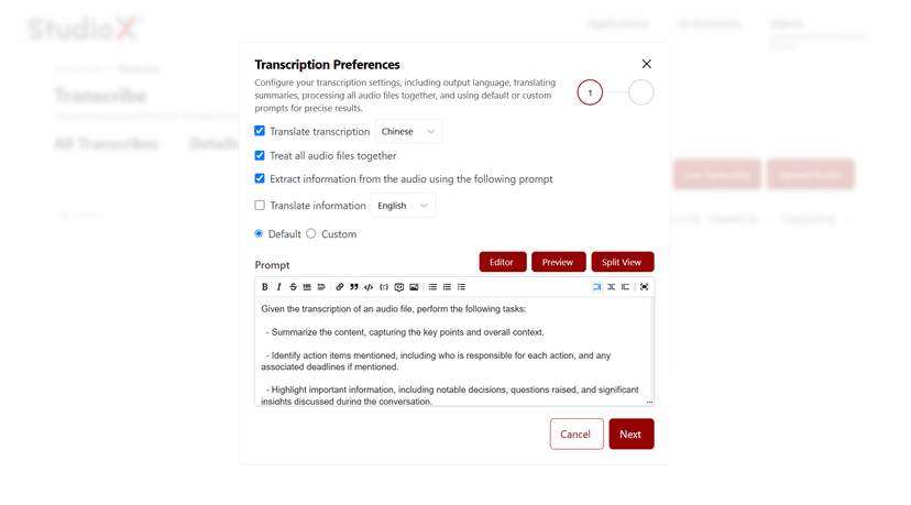 Transcription Preferences Dialog