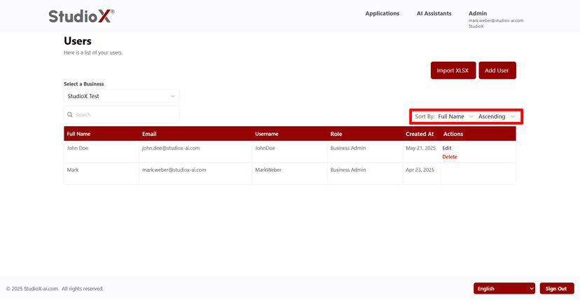 User sort functionality